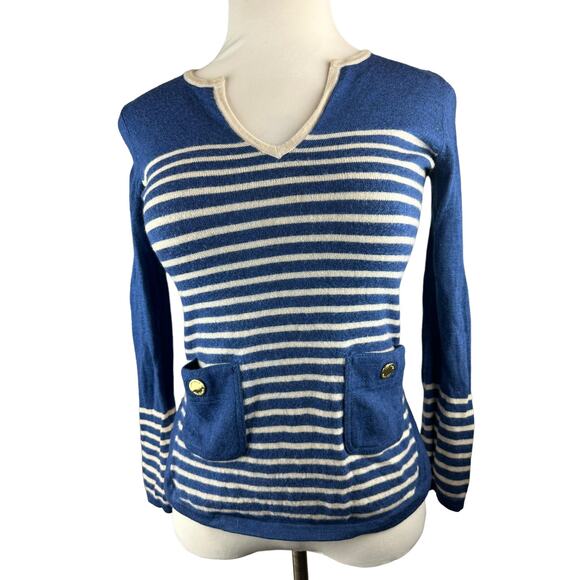 Tory Burch Odessa Merino Wool V-Neck Striped Wool Sweater Blue Small? H12151 - Picture 15 of 16